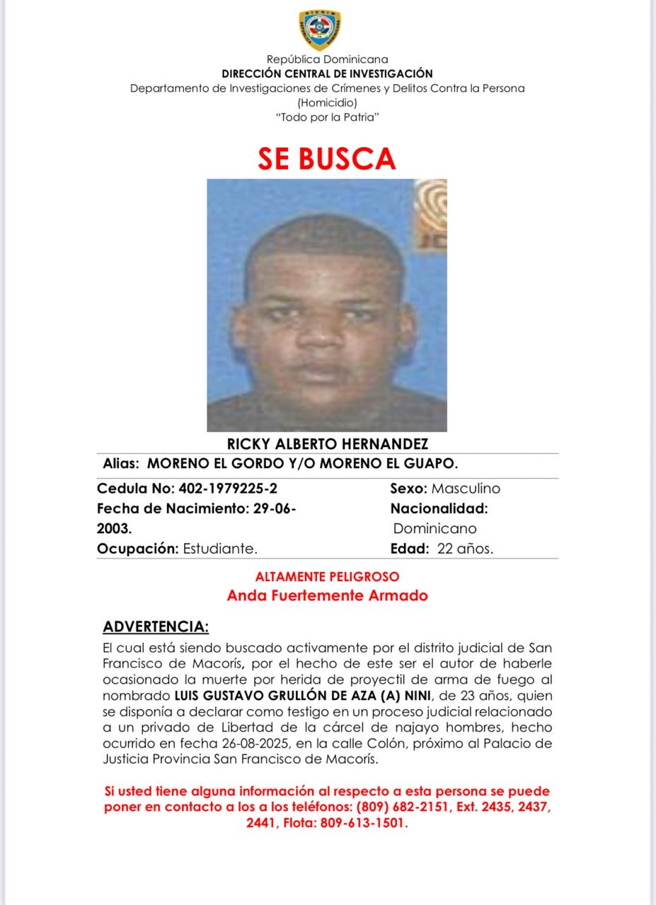 Policía Nacional busca a “Moreno el Guapo”, acusado de ultimar a hombre que sería testigo en juicio por caso de homicidio en SFM