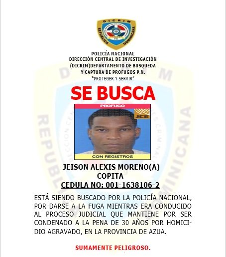 Policía Nacional activa búsqueda de peligroso prófugo “Copita”, condenado a 30 años por triple homicidio en Azua