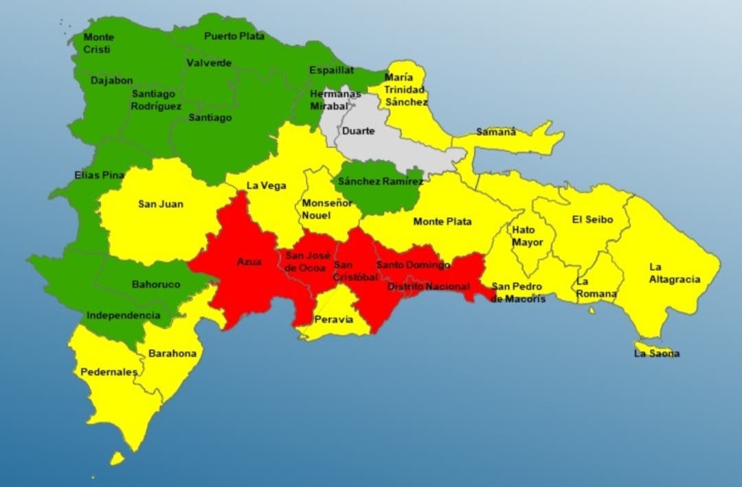 Cuatro provincias y el DN, siguen en alerta roja; 14 están en amarilla y 11 en verde