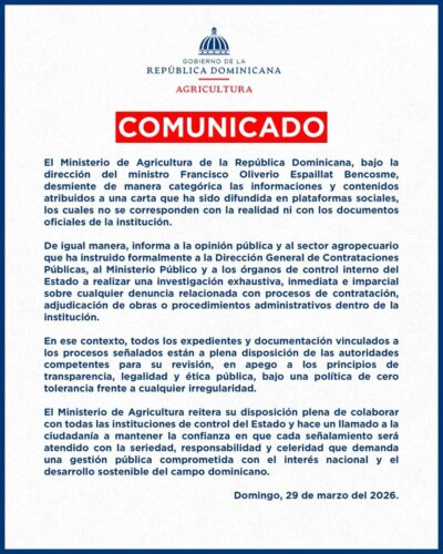 comunicado oficialel ministerio de agricultura de la república dominicana, bajo la dirección