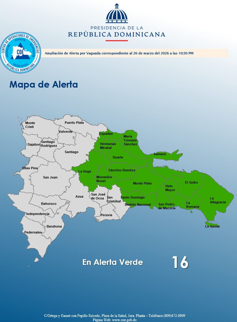 COE amplía alerta verde para 15 provincias y el Distrito Nacional por incidencia de vaguada