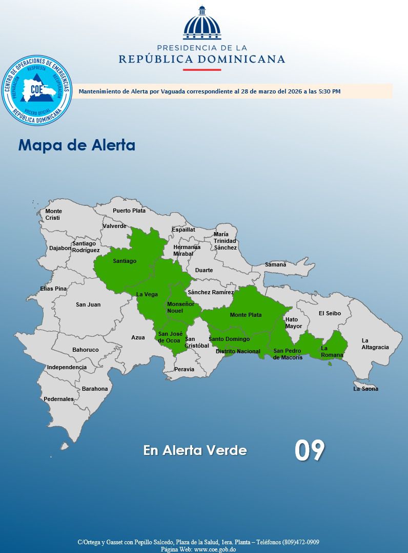 COE mantiene 8 provincias y el Distrito Nacional en alerta verde por vaguada