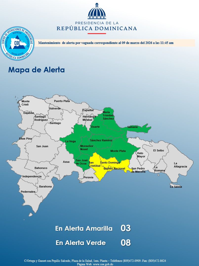 COE mantiene varias provincias en alertas por vaguada