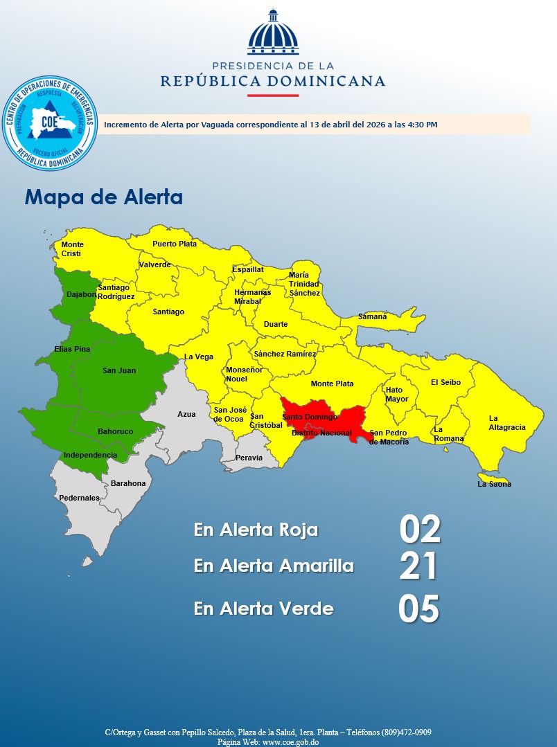 COE eleva a alerta roja al Distrito Nacional y Santo Domingo; 21 provincias siguen en amarilla por lluvias persistentes