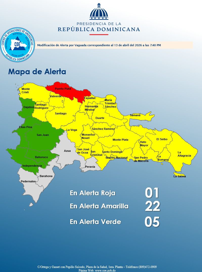 COE vuelve a colocar a Puerto Plata en alerta roja por intensas lluvias y riesgo de inundaciones COE vuelve a colocar a Puerto Plata en alerta roja por intensas lluvias y riesgo de inundaciones