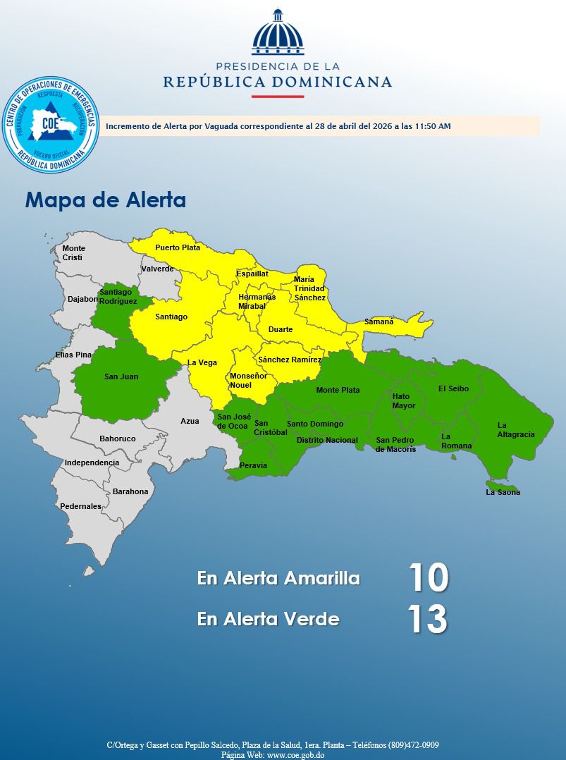 COE aumenta a 10 las provincias en alerta amarilla por vaguadas y riesgo de inundaciones