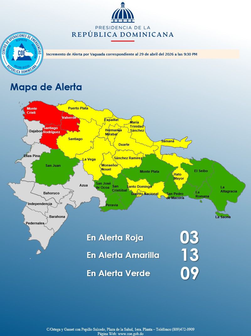 COE coloca tres provincias en alerta roja por vaguada y pronostica lluvias significativas