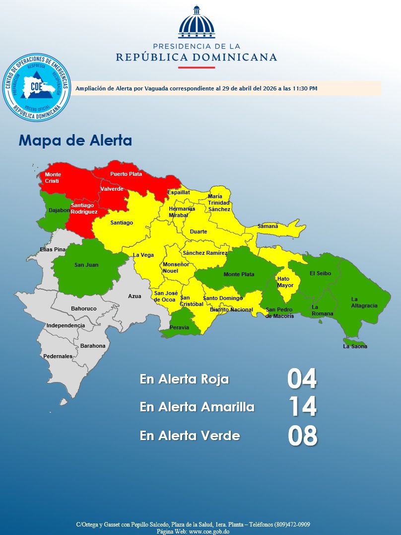 COE coloca a Puerto Plata en alerta roja; eleva a cuatro las provincias bajo ese nivel