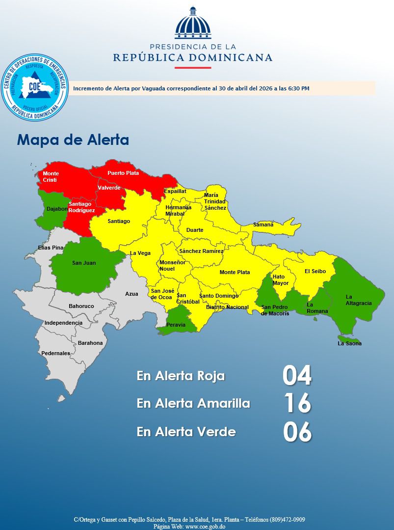 COE mantiene en alerta roja a Monte Cristi, Santiago Rodríguez, Valverde y Puerto Plata por lluvias