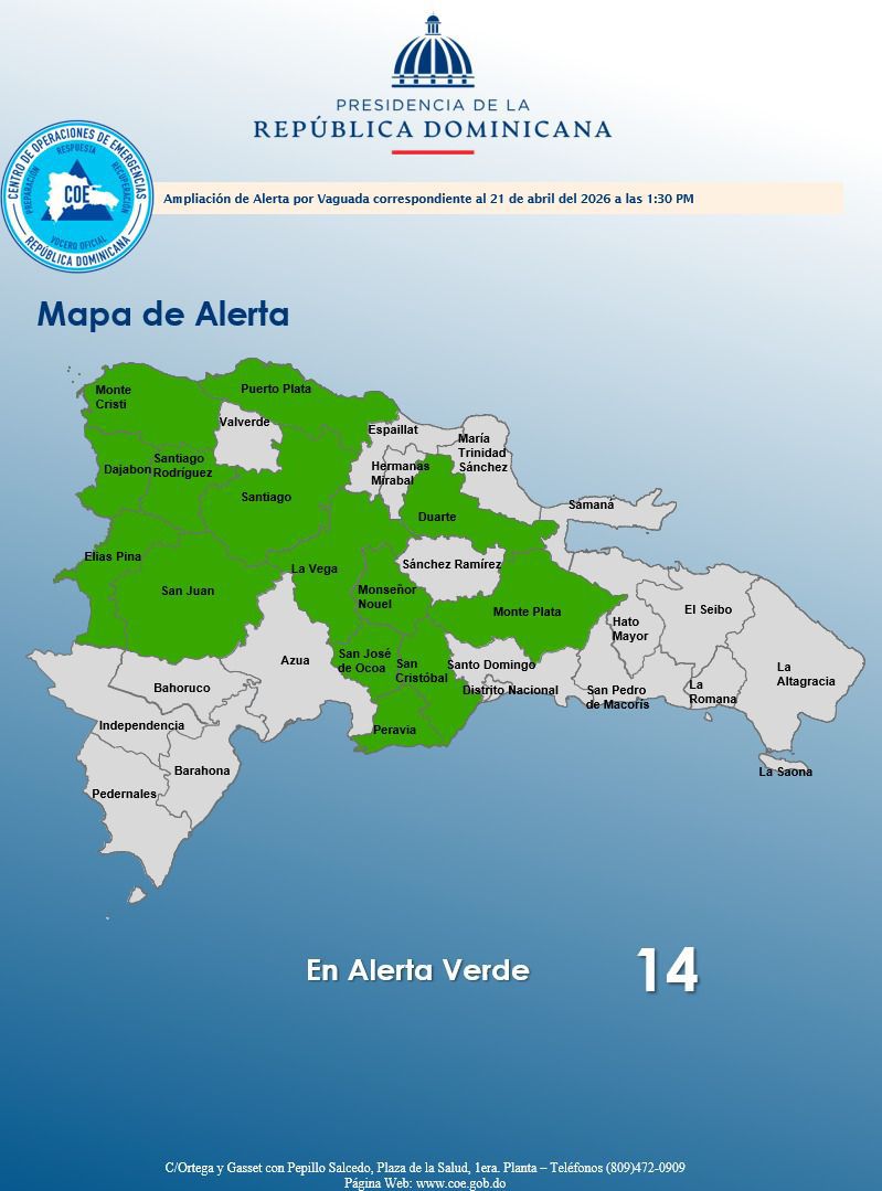COE mantiene 11 provincias en alerta verde por vaguada; prevén lluvias, tormentas y ráfagas de viento