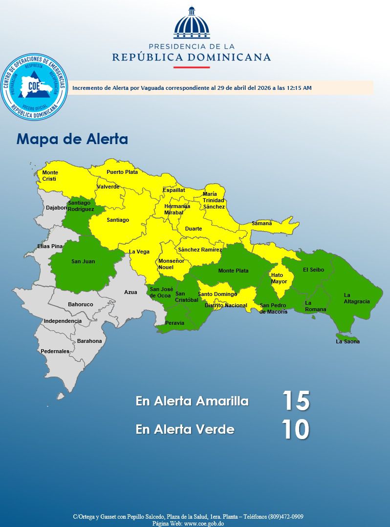 COE eleva a 15 las provincias y el Distrito Nacional en alerta amarilla por lluvias; 10 permanecen en verde