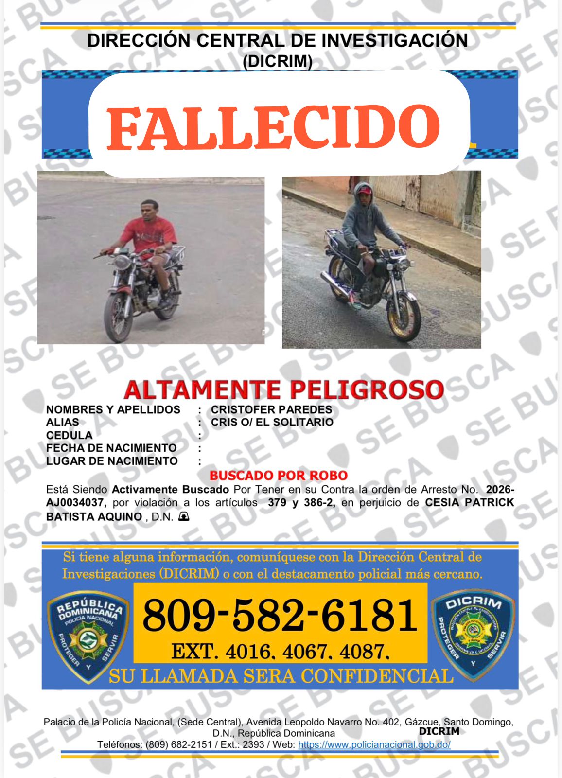 Cae abatido “Cris El Solitario” durante allanamiento en Santiago. Le ocupan dos armas de fuego