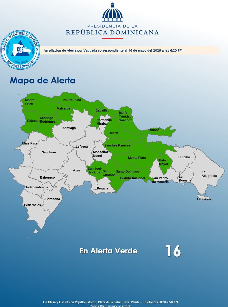 COE eleva a 16 las provincias en alerta verde por vaguada y onda tropical