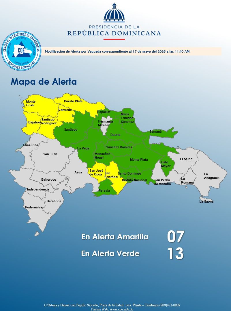 COE coloca 7 provincias en alerta amarilla y mantiene 12 y el Distrito Nacional en verde por vaguada y humedad asociada a onda tropical