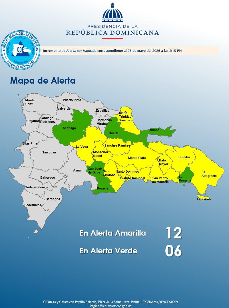 COE coloca 12 provincias, incluido el Distrito Nacional, en alerta amarilla por vaguada y onda tropical COE coloca 12 provincias, incluido el Distrito Nacional, en alerta amarilla por vaguada y onda tropical