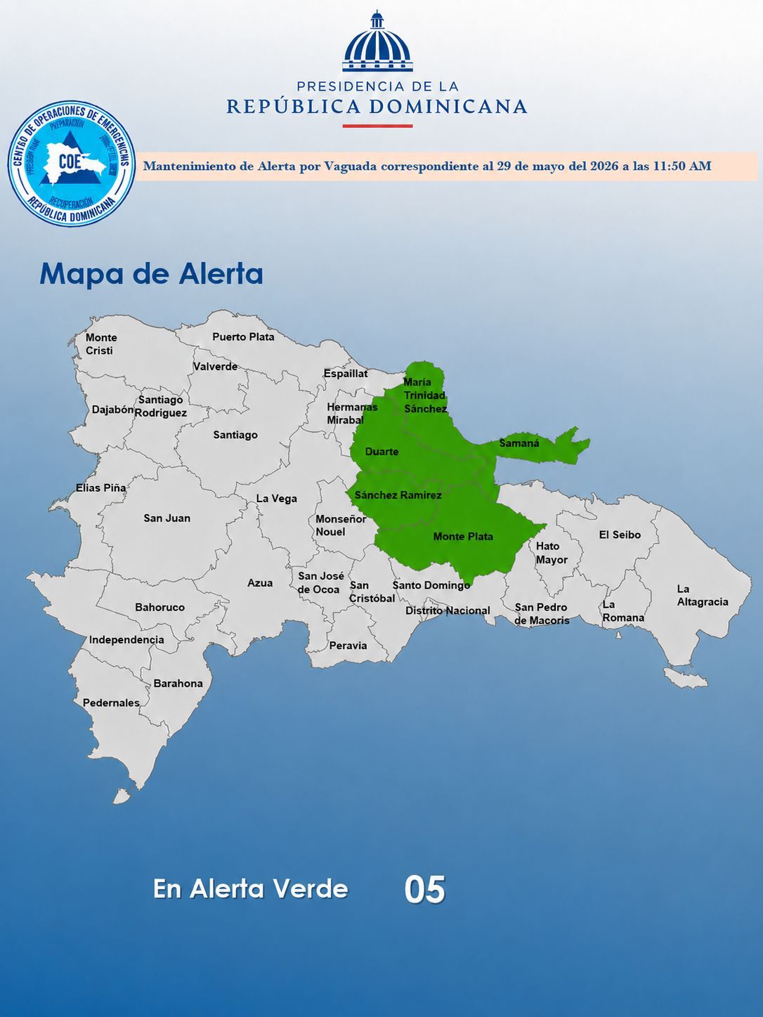 COE mantiene cinco provincias en alerta verde por vaguada y aguaceros locales