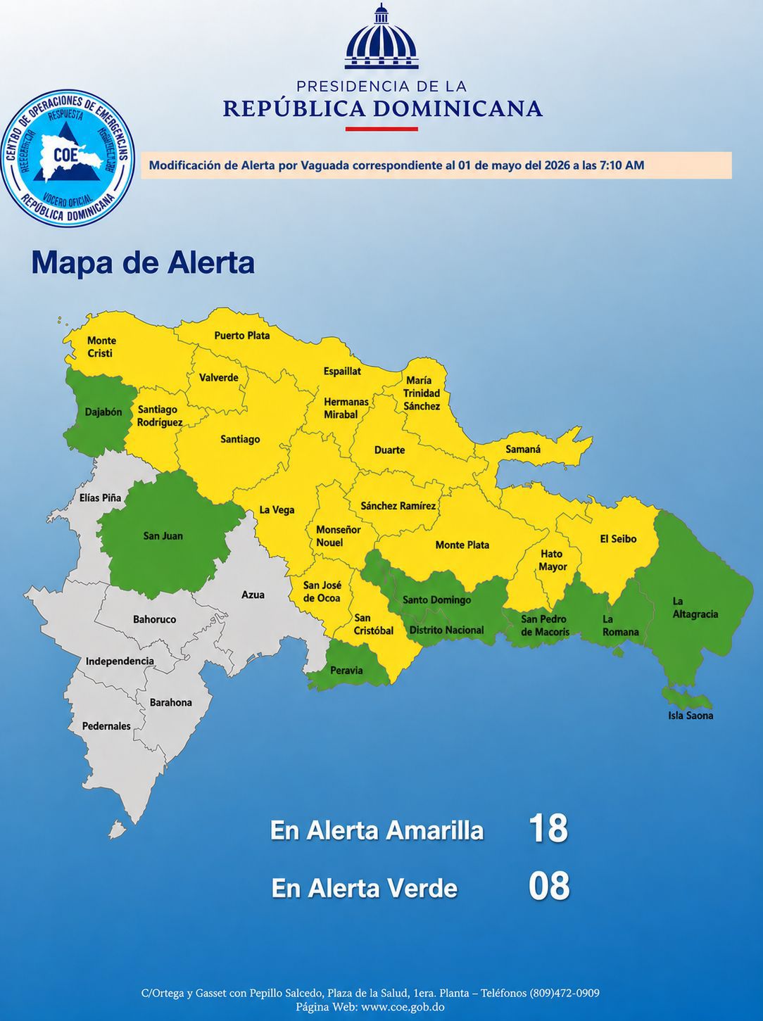 COE mantiene 18 provincias en alerta amarilla y ocho en verde por vaguada asociada a sistema frontal